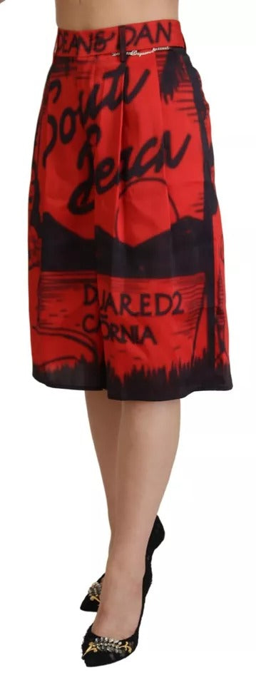 Pantalon court rouge imprimé à taille haute et jambes larges