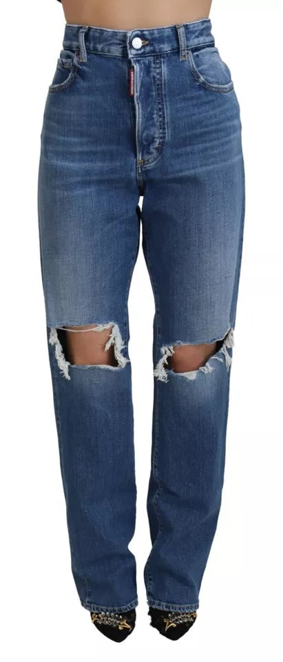 Blaue Jeans mit hohem Bund, geradem Schnitt und Used-Effekten
