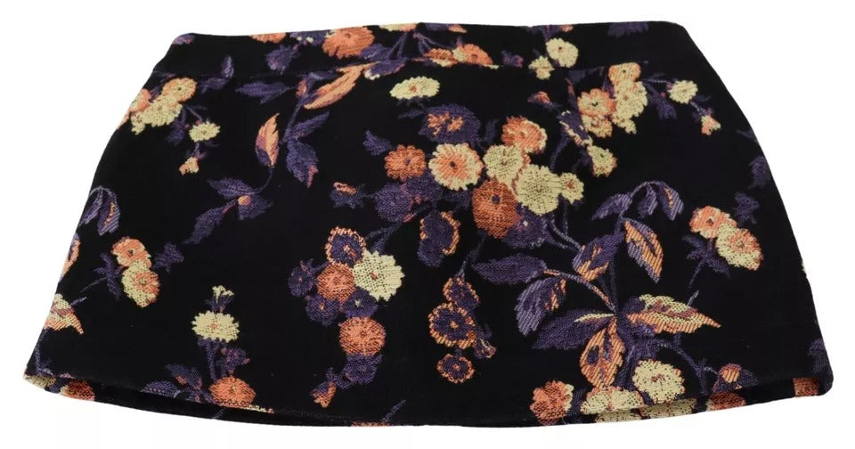 Jupe courte trapèze taille mi-haute à broderie florale noire