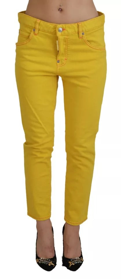 Yellow Cotton Low Waist Cropped Denim Jeans