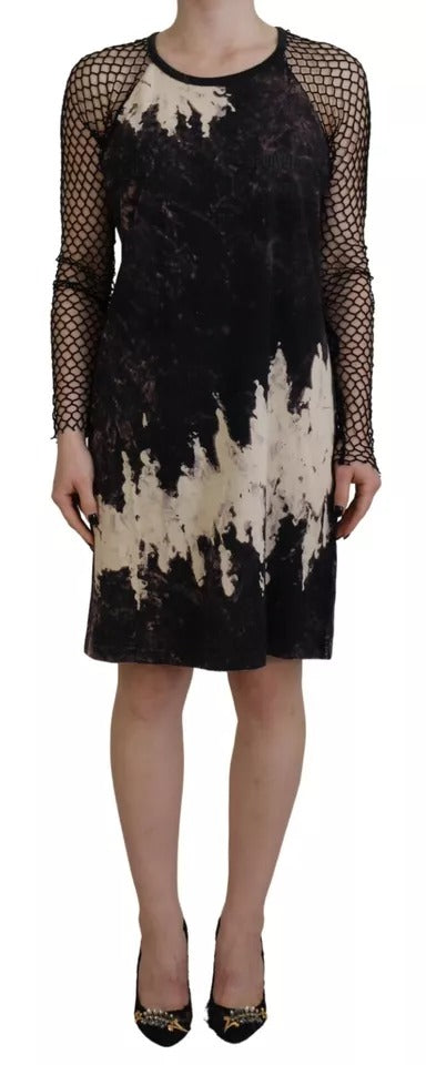 Schwarzes Baumwoll-Netzkleid mit Batikmuster und langen Ärmeln