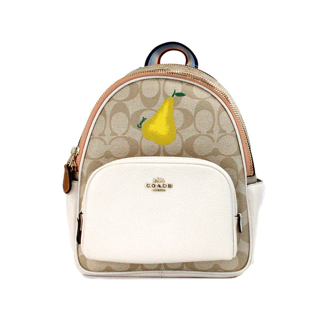 Mini Court Signature Pear Motif Shoulder Backpack Bookbag Bag Chalk TaffyStyle: Coach Mini Court Butterfly Motif Backpack (Chalk/Taffy) Material: Signature Coated Canvas Features: Inner Zip and Slip Pocket, Outer Zip Pocket, 2 Outer Side Slip Pockets Meas