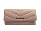 Jet Set Travel Large Quilted Leather Trifold Wallet Powder BlushStyle: Michael Kors Jet Set Travel Large Quilted Trifold Wallet (Powder Blush) Material: Leather Features: Flap with Button Closure, Photo ID Holder, 7 Card Slots Measures: 17.78 cm L x 10.16