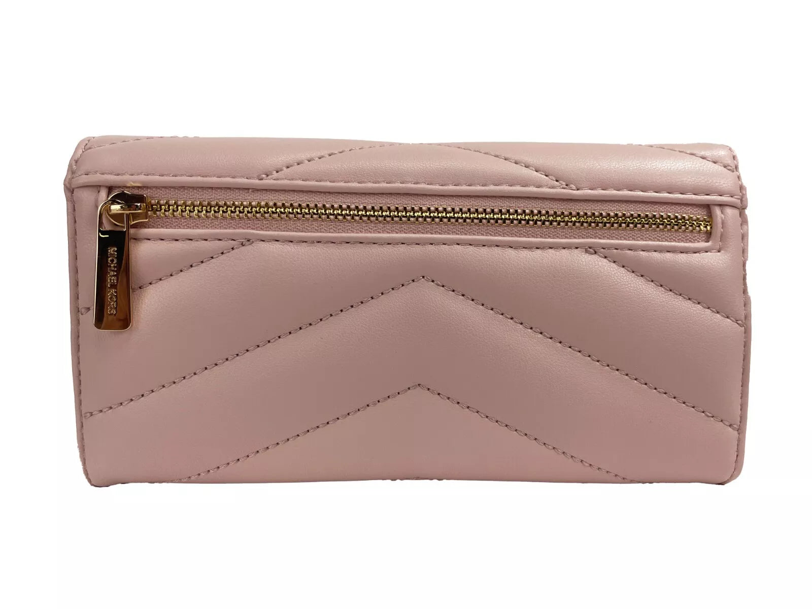 Jet Set Travel Large Quilted Leather Trifold Wallet Powder BlushStyle: Michael Kors Jet Set Travel Large Quilted Trifold Wallet (Powder Blush) Material: Leather Features: Flap with Button Closure, Photo ID Holder, 7 Card Slots Measures: 17.78 cm L x 10.16