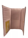 Jet Set Travel Large Quilted Leather Trifold Wallet Powder BlushStyle: Michael Kors Jet Set Travel Large Quilted Trifold Wallet (Powder Blush) Material: Leather Features: Flap with Button Closure, Photo ID Holder, 7 Card Slots Measures: 17.78 cm L x 10.16