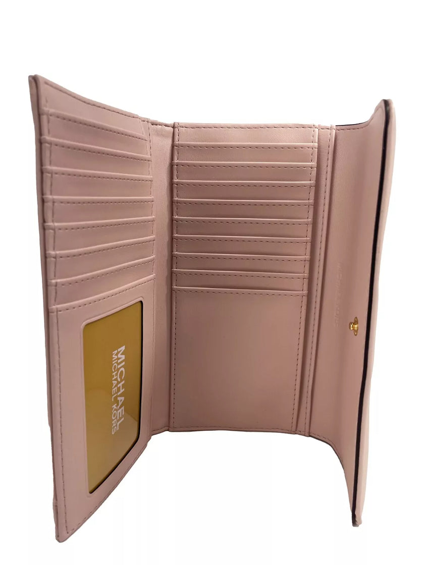 Jet Set Travel Large Quilted Leather Trifold Wallet Powder BlushStyle: Michael Kors Jet Set Travel Large Quilted Trifold Wallet (Powder Blush) Material: Leather Features: Flap with Button Closure, Photo ID Holder, 7 Card Slots Measures: 17.78 cm L x 10.16
