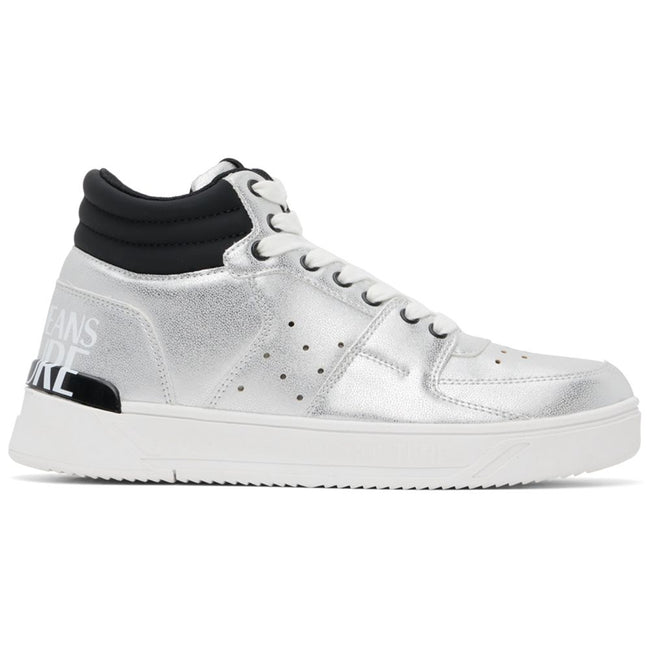 Gray Polyethylene SneakerVersace Jeans Couture high sneakers in silver painted eco-leather, logo printed on the back, contrasting white laces, white rubber soleGray Polyethylene Sneaker${tagsVersace JeansAulae Gray Polyethylene Sneaker Versace JeansAulae