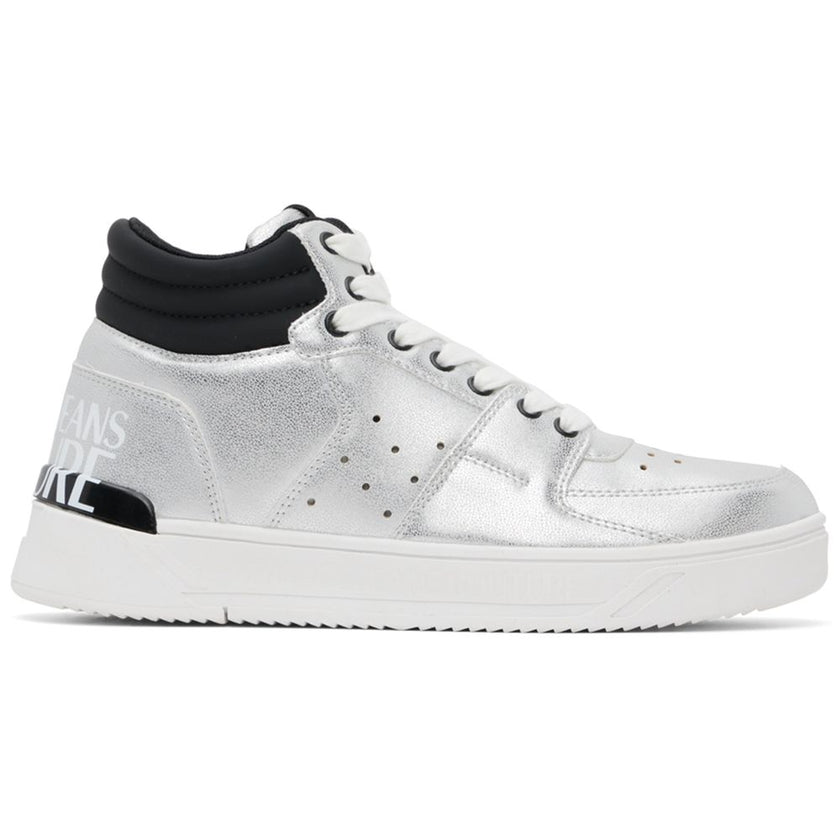 Gray Polyethylene SneakerVersace Jeans Couture high sneakers in silver painted eco-leather, logo printed on the back, contrasting white laces, white rubber soleGray Polyethylene Sneaker${tagsVersace JeansAulae Gray Polyethylene Sneaker Versace JeansAulae