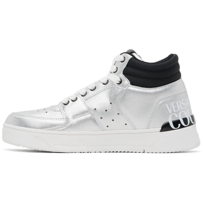 Gray Polyethylene SneakerVersace Jeans Couture high sneakers in silver painted eco-leather, logo printed on the back, contrasting white laces, white rubber soleGray Polyethylene Sneaker${tagsVersace JeansAulae Gray Polyethylene Sneaker Versace JeansAulae