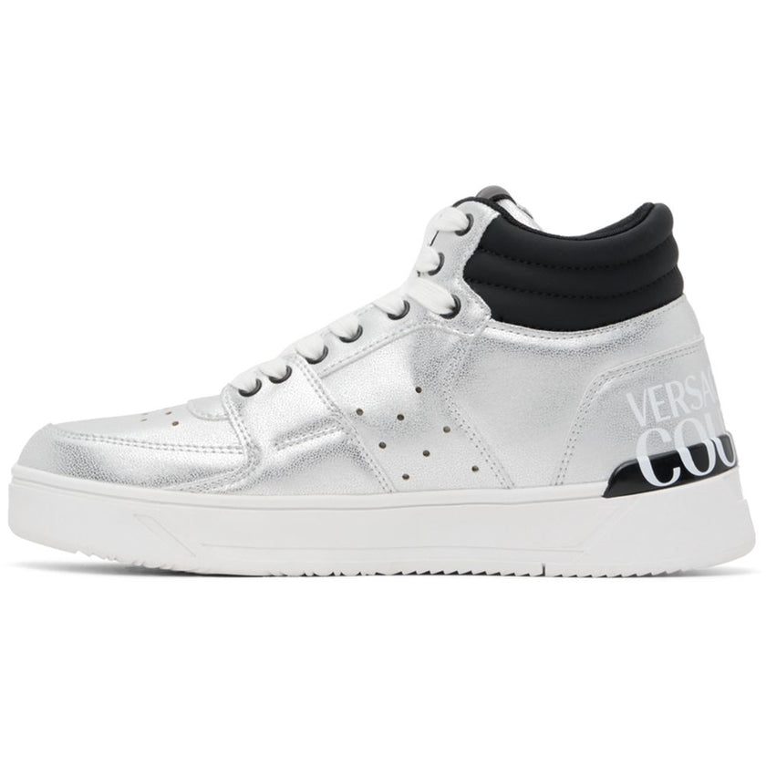 Gray Polyethylene SneakerVersace Jeans Couture high sneakers in silver painted eco-leather, logo printed on the back, contrasting white laces, white rubber soleGray Polyethylene Sneaker${tagsVersace JeansAulae Gray Polyethylene Sneaker Versace JeansAulae