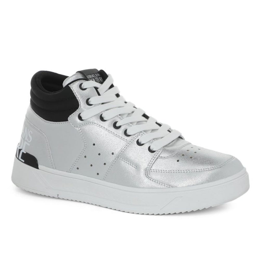 Gray Polyethylene SneakerVersace Jeans Couture high sneakers in silver painted eco-leather, logo printed on the back, contrasting white laces, white rubber soleGray Polyethylene Sneaker${tagsVersace JeansAulae Gray Polyethylene Sneaker Versace JeansAulae