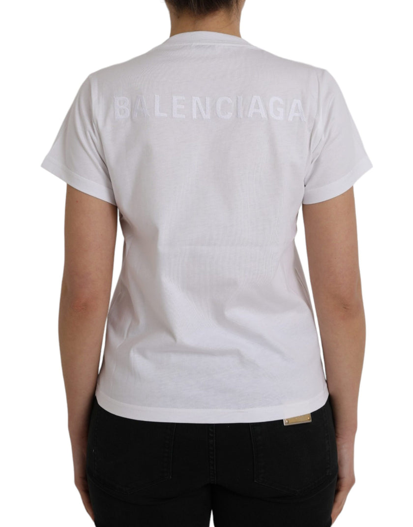 White Cotton Crew Neck Short Sleeves T-shirtBALENCIAGA Absolutely stunning, 100% Authentic, brand new with tags BALENCIAGA cotton crew neck t-shirt. Model: Short sleeves crew neck t-shirt Colour: White Material: 100% Cotton Logo details Made in PortugalWh