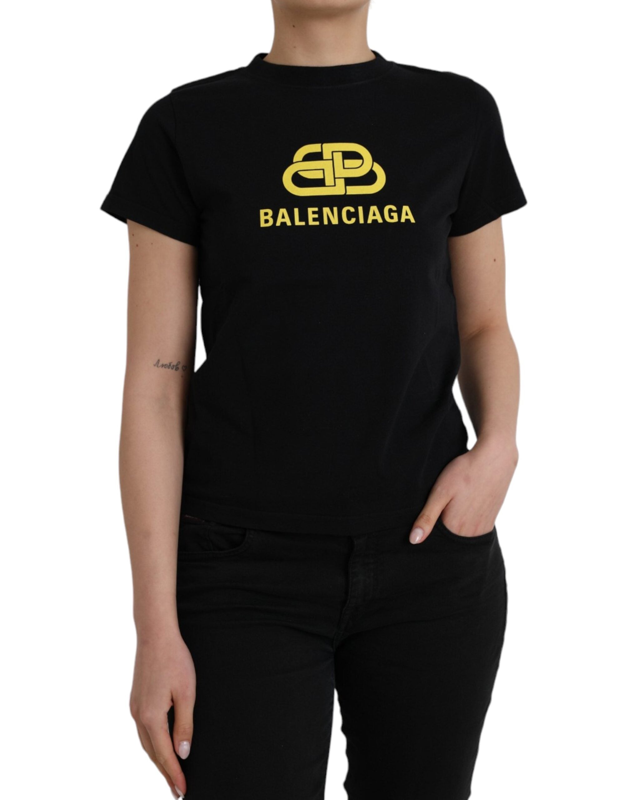 Schwarzes Baumwoll-Rundhals-T-Shirt mit Logo-Print