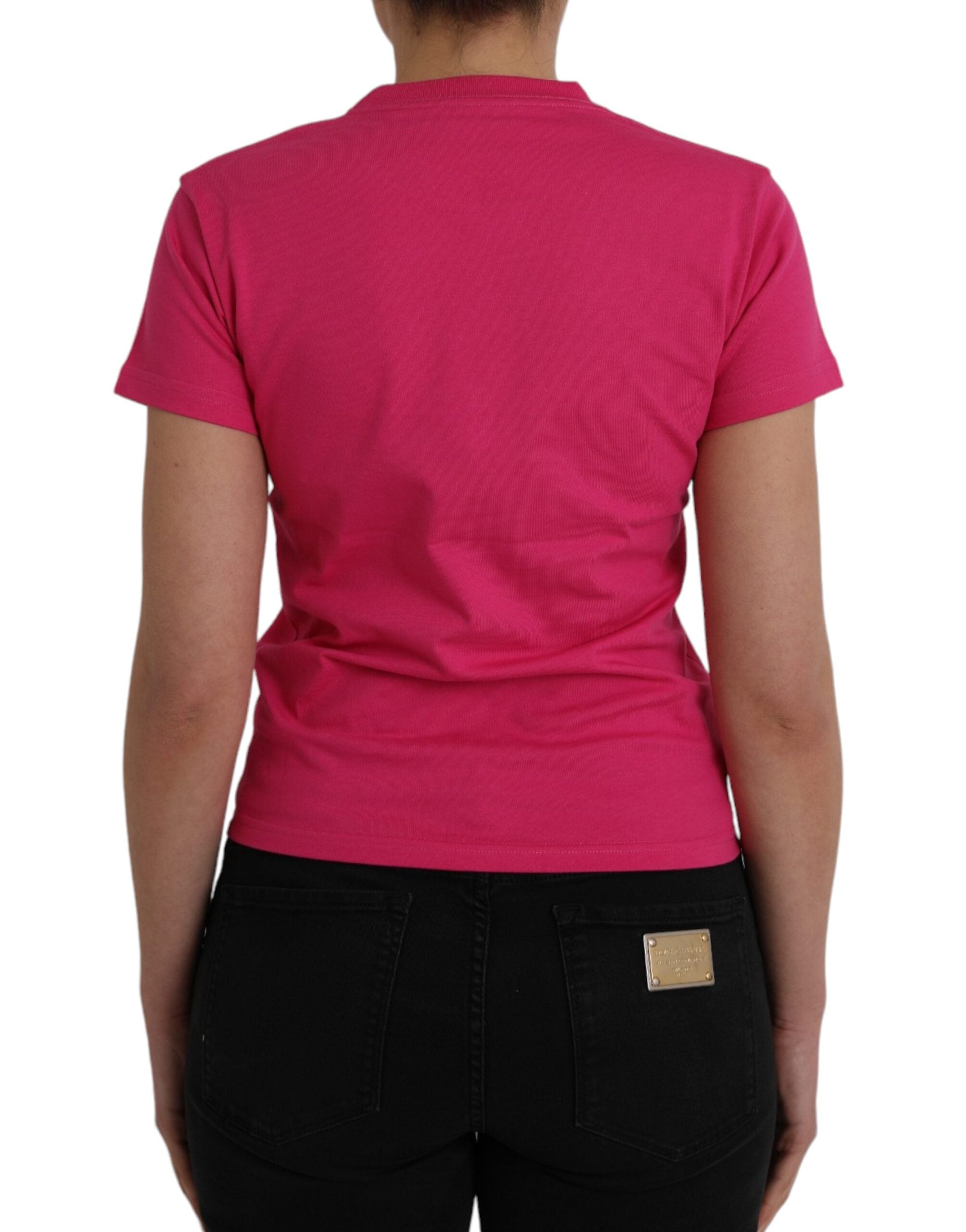 T-shirt rose en coton à col rond et manches courtes