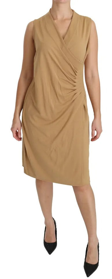 Robe marron en viscose à col V et longueur genou