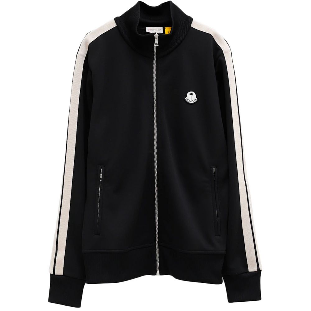 Black Polyester Men SweaterElevate your wardrobe with the Moncler x Palm Angels collaborative masterpiece. This sweatshirt fuses high-fashion finesse with streetwear edge, showcased in its slick black hue accentuated by bold side stripes. Function meets d