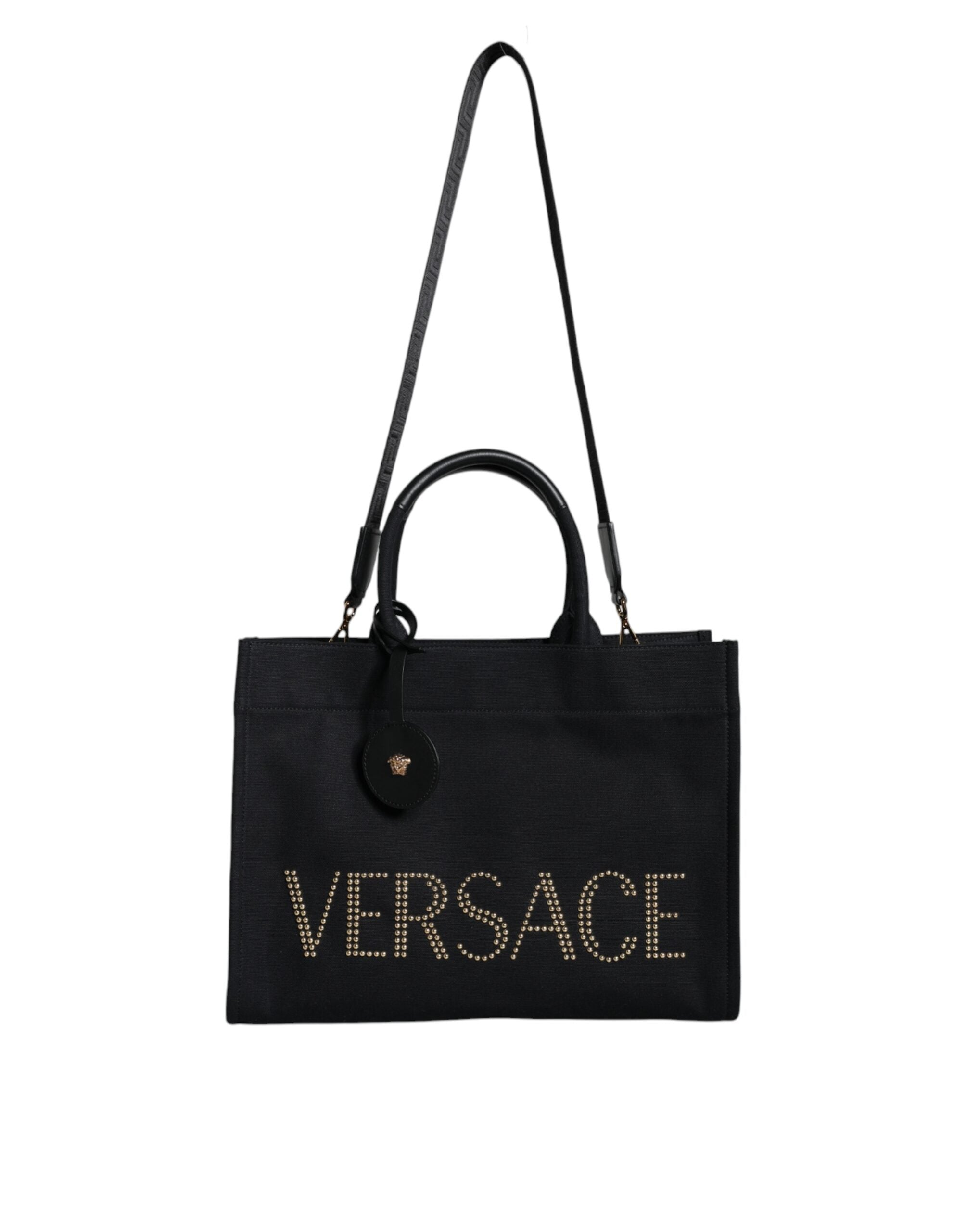 Black Top Handle Canvas Leather Logo Crossbody Tote BagVERSACE Absolutely stunning, 100% Authentic, brand new with tags VERSACE bags. Brand logo, solid color, crossbody strap, zipper fastening. Model: Crossbody bag Material: VL100%, WV66% VI19% PA10% WS5%