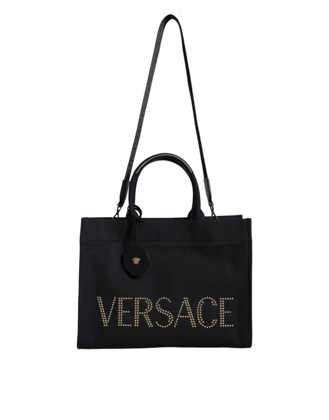 Black Top Handle Canvas Leather Logo Crossbody Tote BagVERSACE Absolutely stunning, 100% Authentic, brand new with tags VERSACE bags. Brand logo, solid color, crossbody strap, zipper fastening. Model: Crossbody bag Material: VL100%, WV66% VI19% PA10% WS5%