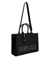 Black Top Handle Canvas Leather Logo Crossbody Tote BagVERSACE Absolutely stunning, 100% Authentic, brand new with tags VERSACE bags. Brand logo, solid color, crossbody strap, zipper fastening. Model: Crossbody bag Material: VL100%, WV66% VI19% PA10% WS5%