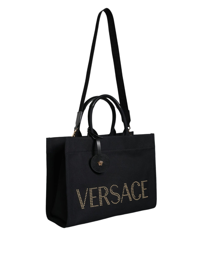 Black Top Handle Canvas Leather Logo Crossbody Tote BagVERSACE Absolutely stunning, 100% Authentic, brand new with tags VERSACE bags. Brand logo, solid color, crossbody strap, zipper fastening. Model: Crossbody bag Material: VL100%, WV66% VI19% PA10% WS5%