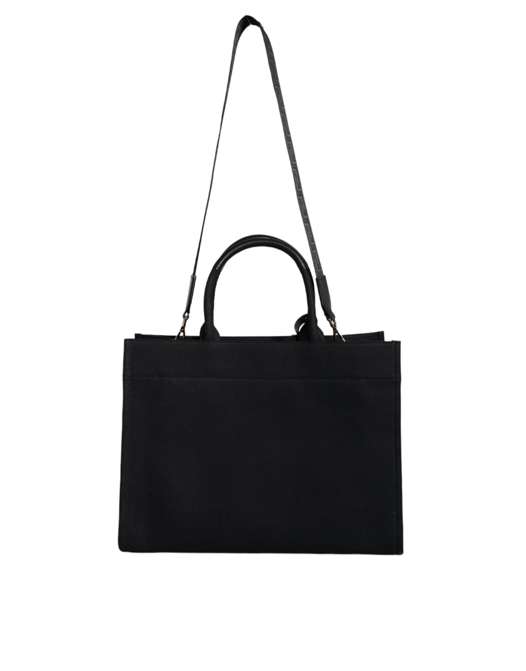 Black Leather & Canvas Crossbody Tote Bag with Logo