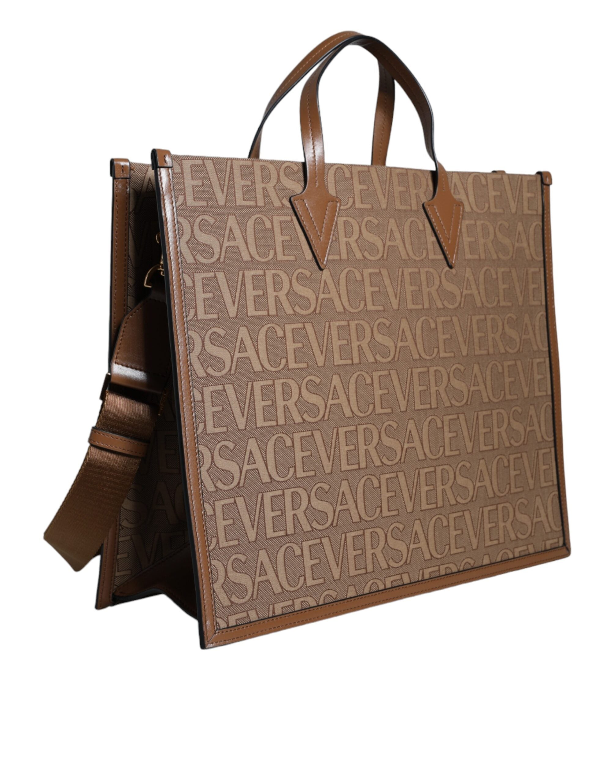 Brown Leather Crossbody Tote Bag with Jacquard Logo
