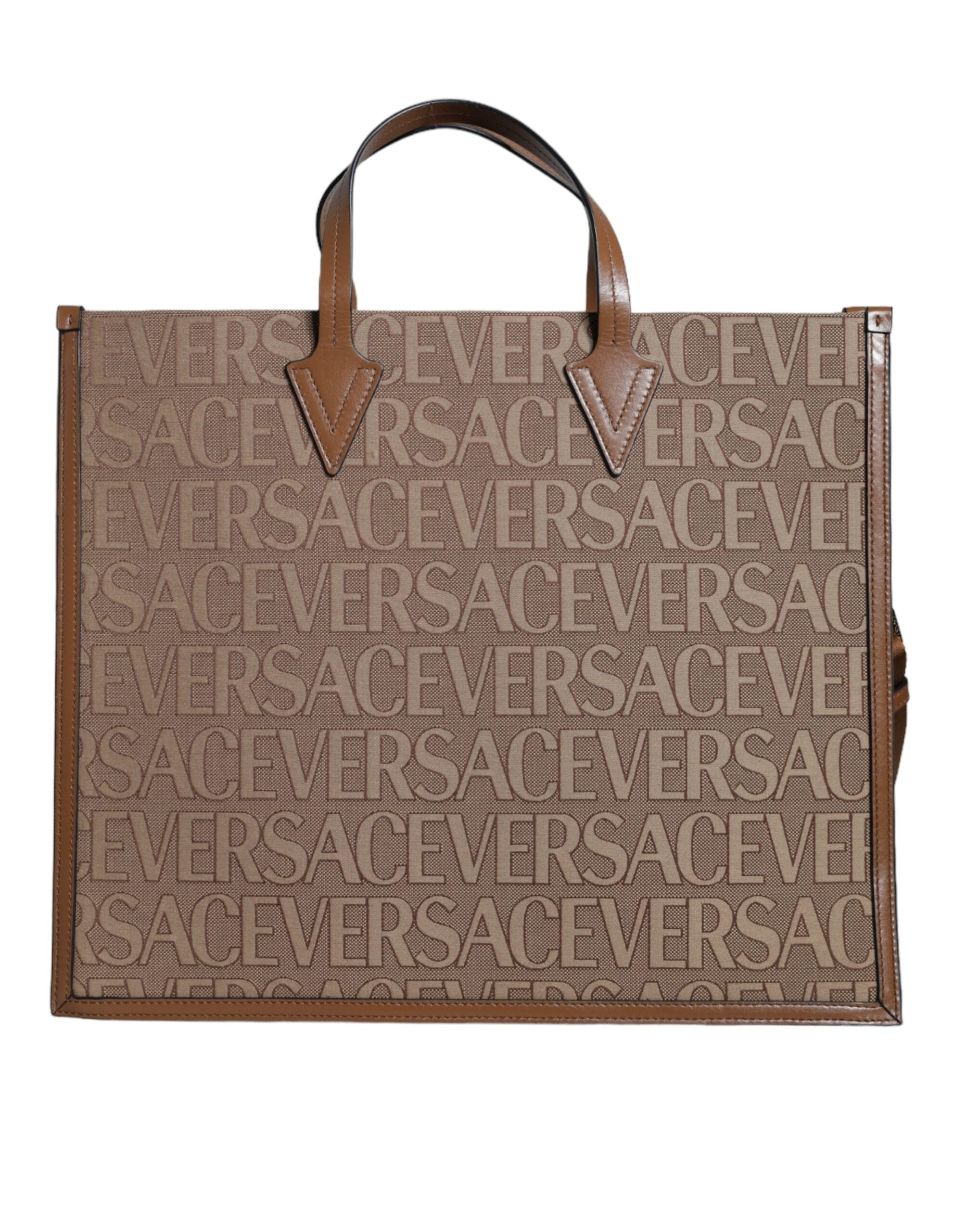 Brown Top Handle Jacquard Leather Logo Crossbody Tote BagVERSACE Absolutely stunning, 100% Authentic, brand new with tags VERSACE tote bags. Brand logo, solid color, crossbody strap. Model: Crossbody tote bag Material: 60% CO 40% VL, 100% CO Colour: Brown