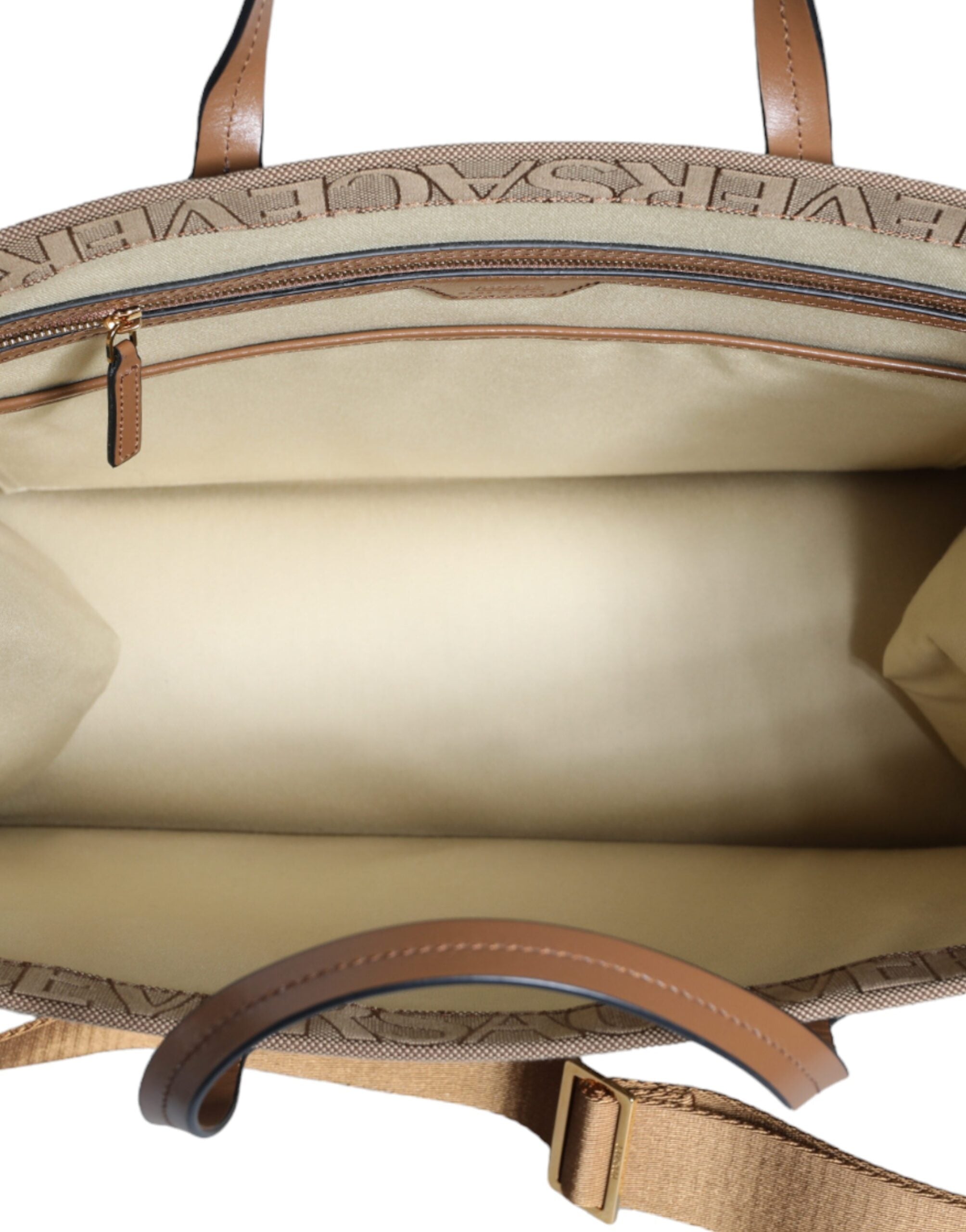 Brown Leather Crossbody Tote Bag with Jacquard Logo