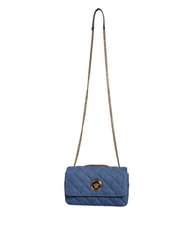 Blue Quilted Denim Leather Crossbody Shoulder BagVERSACE Absolutely stunning, 100% Authentic, brand new with tags VERSACE bags. Brand logo, solid color, crossbody strap. Model: Crossbody bag Material: 100% AOS, 100% CO Colour: Blue Black inner lining with