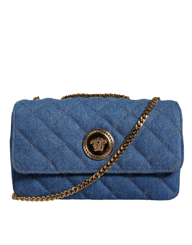 Blue Quilted Denim Leather Crossbody Shoulder BagVERSACE Absolutely stunning, 100% Authentic, brand new with tags VERSACE bags. Brand logo, solid color, crossbody strap. Model: Crossbody bag Material: 100% AOS, 100% CO Colour: Blue Black inner lining with