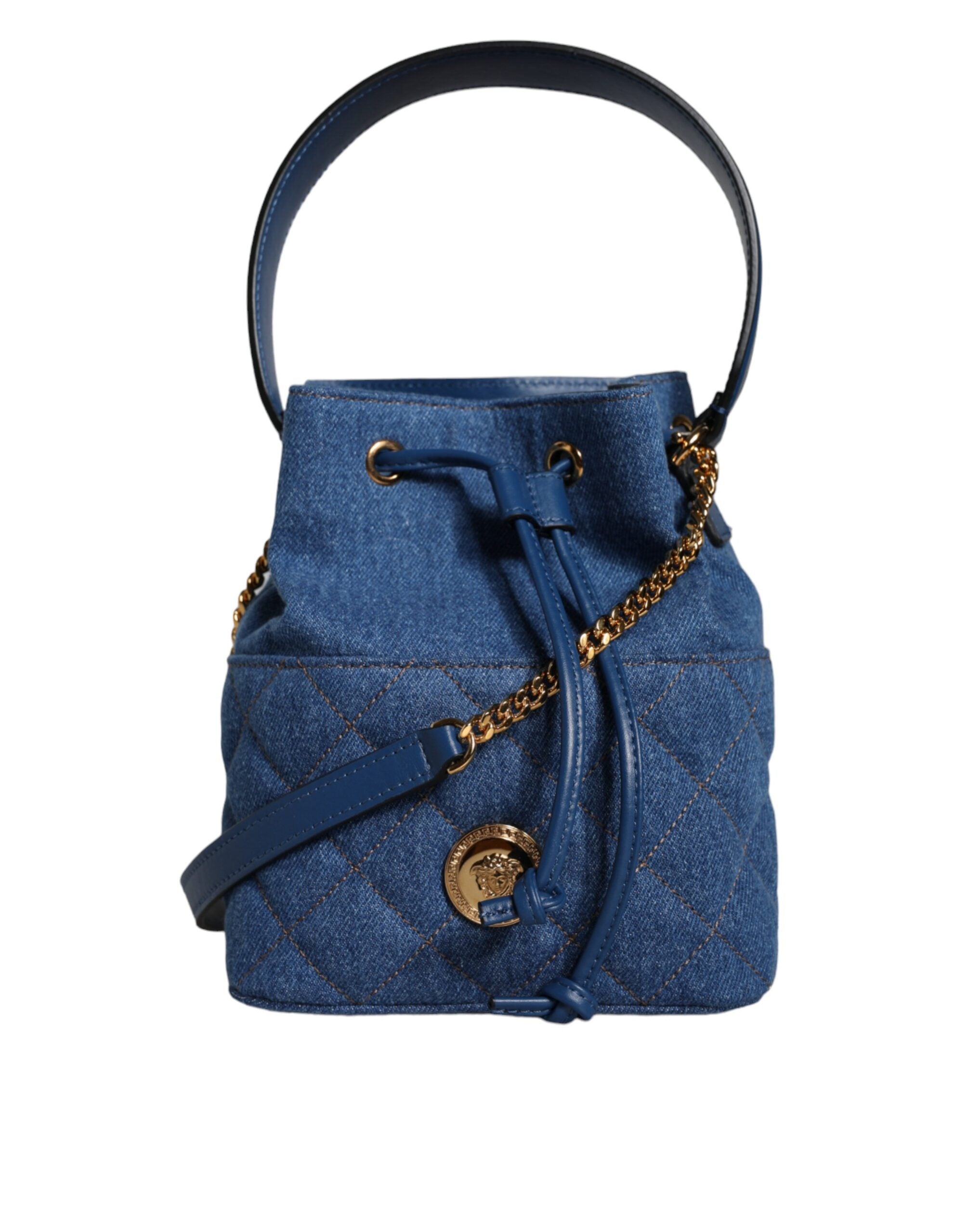 Blue Quilted Denim Leather Crossbody Shoulder BagVERSACE Absolutely stunning, 100% Authentic, brand new with tags VERSACE bags. Brand logo, solid color, crossbody strap. Model: Crossbody bag Material: VL100%, CO60% VI40% Colour: Blue Black inner lining wi
