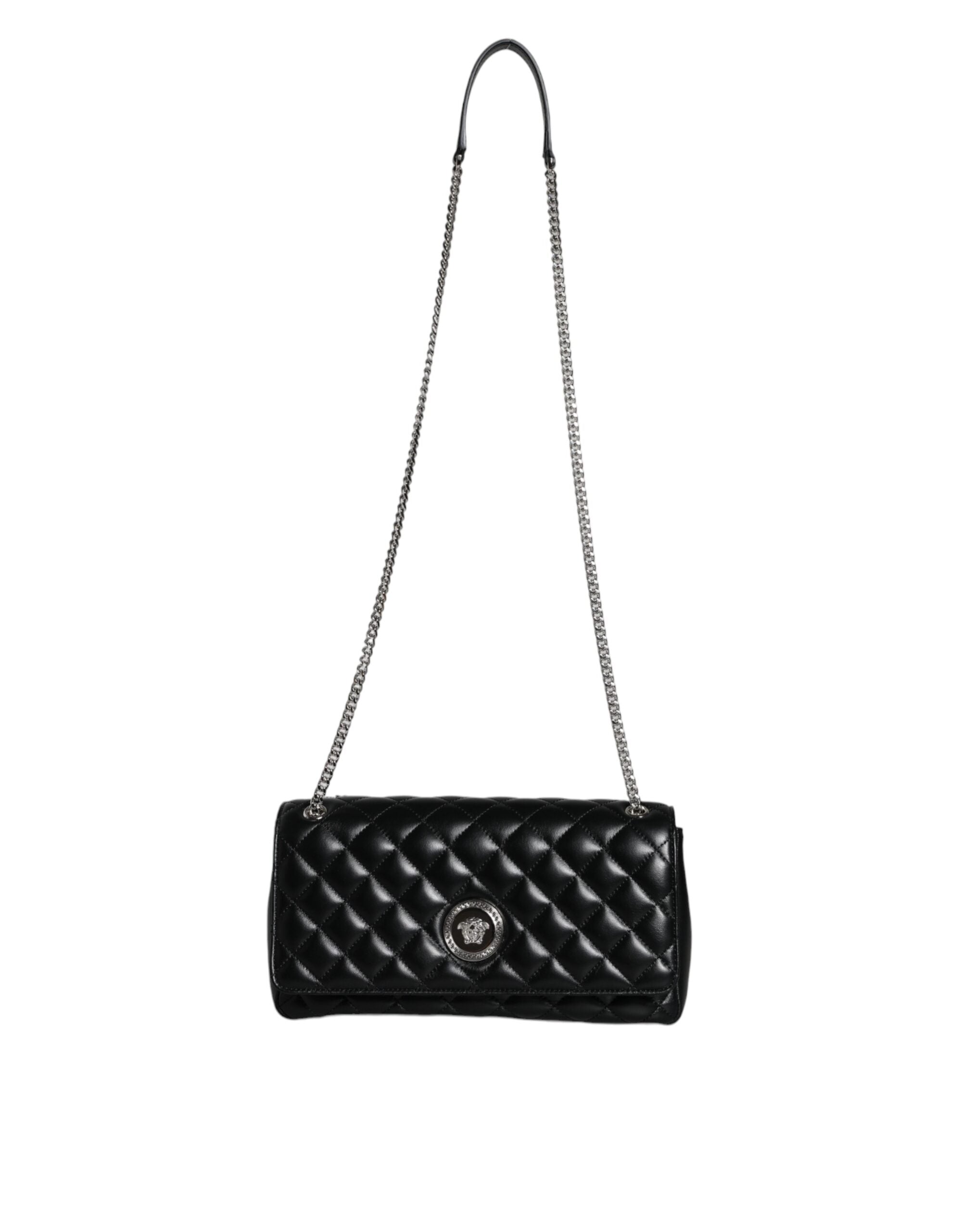 Black Quilted Lambskin Leather Crossbody Shoulder BagVERSACE Absolutely stunning, 100% Authentic, brand new with tags VERSACE bags. Brand logo, solid color, crossbody strap. Model: Crossbody bag Material: AOS100%, CO60% VI40% Colour: Black Fabric inner li