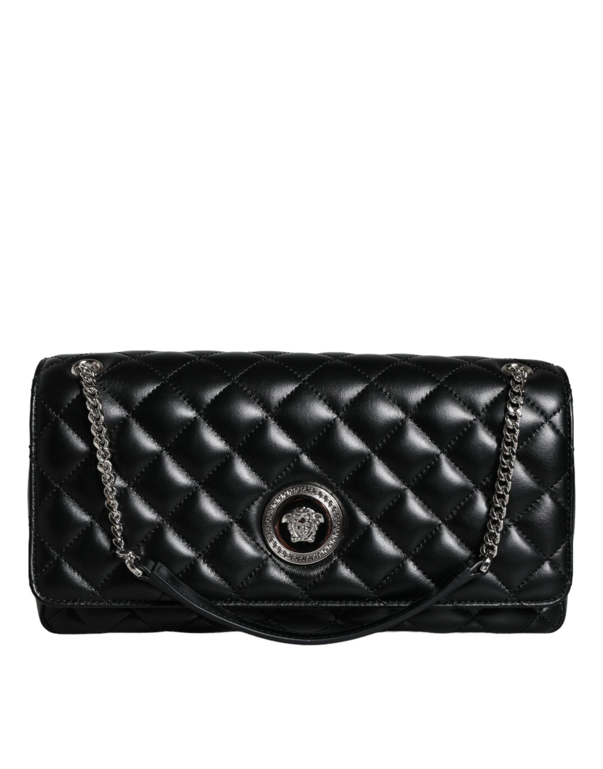 Black Quilted Lambskin Leather Crossbody Shoulder BagVERSACE Absolutely stunning, 100% Authentic, brand new with tags VERSACE bags. Brand logo, solid color, crossbody strap. Model: Crossbody bag Material: AOS100%, CO60% VI40% Colour: Black Fabric inner li