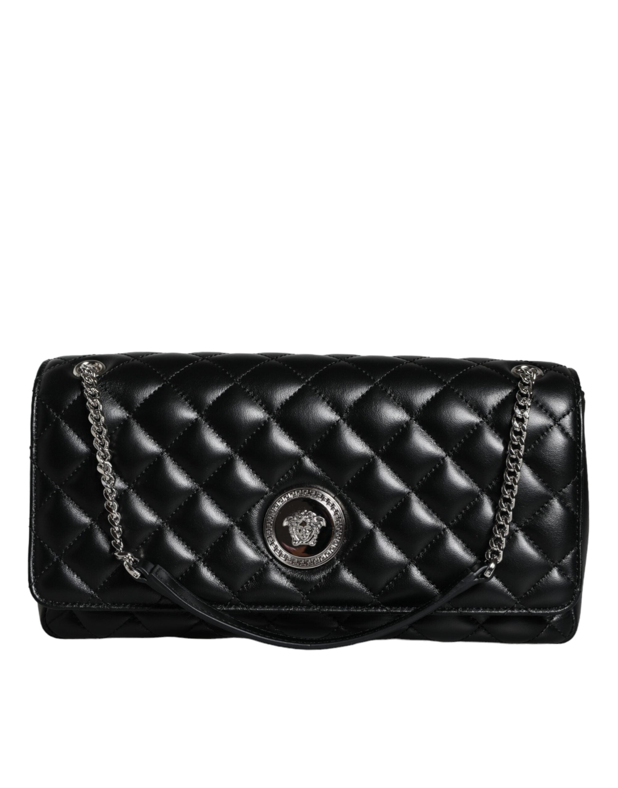 Black Quilted Lambskin Leather Crossbody Shoulder BagVERSACE Absolutely stunning, 100% Authentic, brand new with tags VERSACE bags. Brand logo, solid color, crossbody strap. Model: Crossbody bag Material: AOS100%, CO60% VI40% Colour: Black Fabric inner li