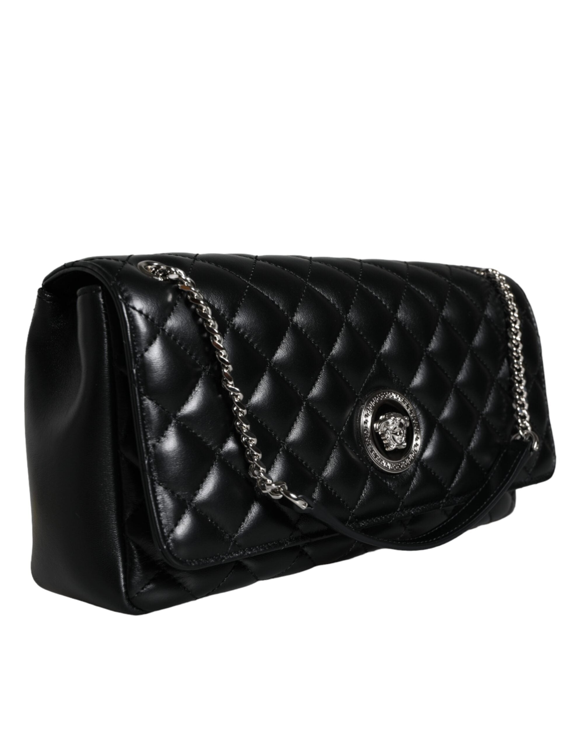 Black Quilted Lambskin Leather Crossbody Shoulder BagVERSACE Absolutely stunning, 100% Authentic, brand new with tags VERSACE bags. Brand logo, solid color, crossbody strap. Model: Crossbody bag Material: AOS100%, CO60% VI40% Colour: Black Fabric inner li