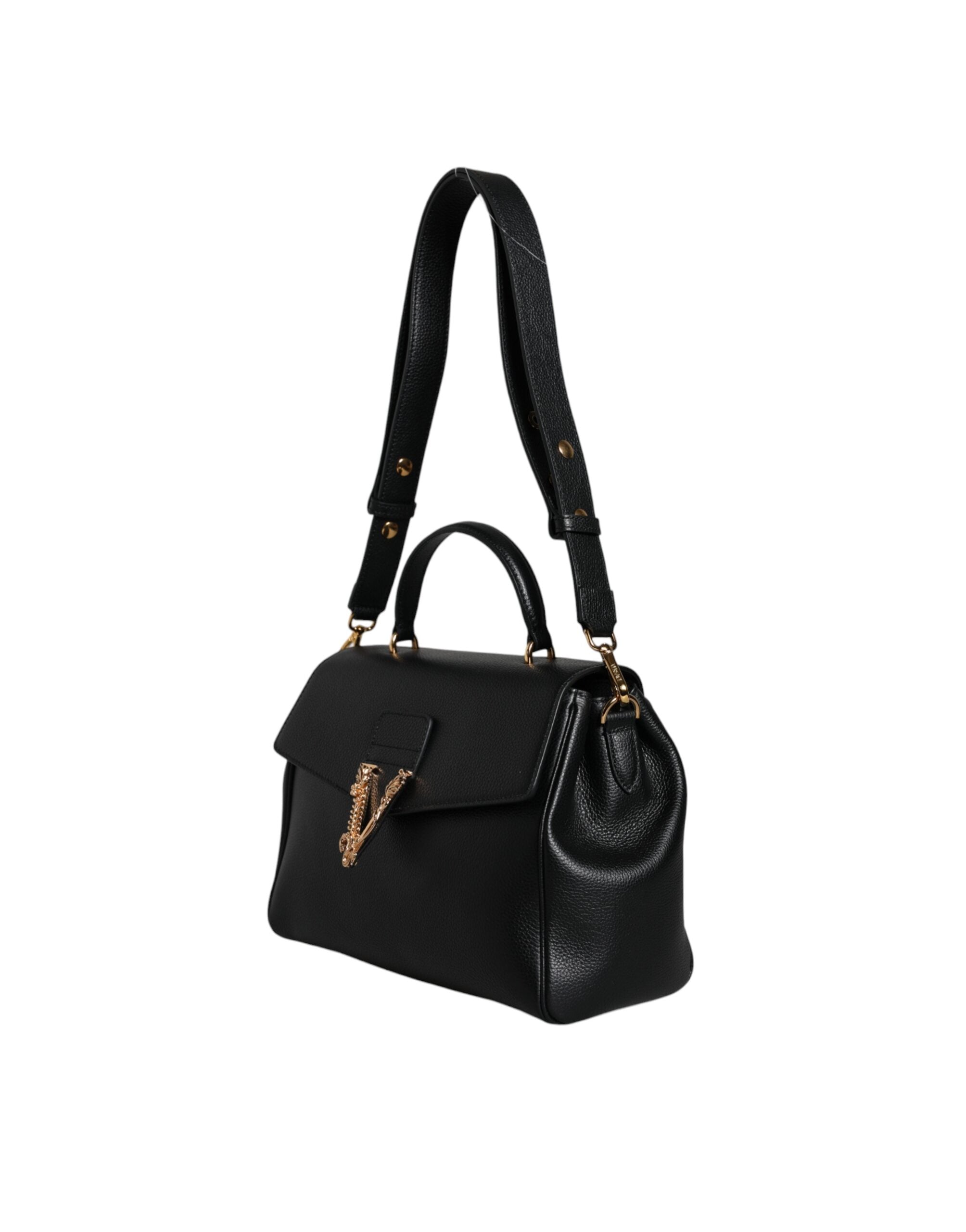 Black Top Handle Grainy Calfskin Leather Crossbody BagVERSACE Absolutely stunning, 100% Authentic, brand new with tags VERSACE bags. Brand logo, solid color, crossbody strap, magnetic fastening. Model: Crossbody bag Material: VL100%, CO100% Colour: Black