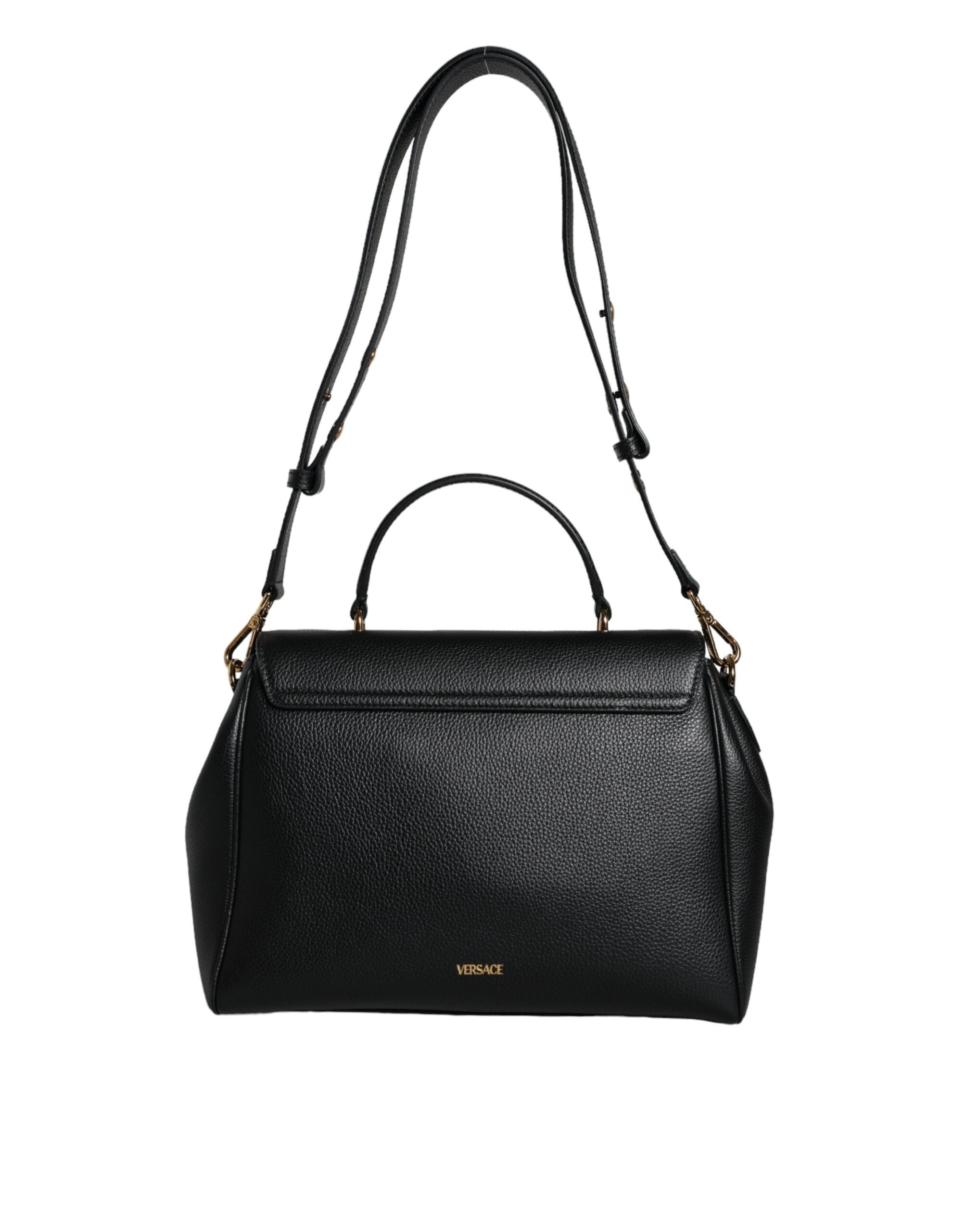 Black Top Handle Grainy Calfskin Leather Crossbody BagVERSACE Absolutely stunning, 100% Authentic, brand new with tags VERSACE bags. Brand logo, solid color, crossbody strap, magnetic fastening. Model: Crossbody bag Material: VL100%, CO100% Colour: Black