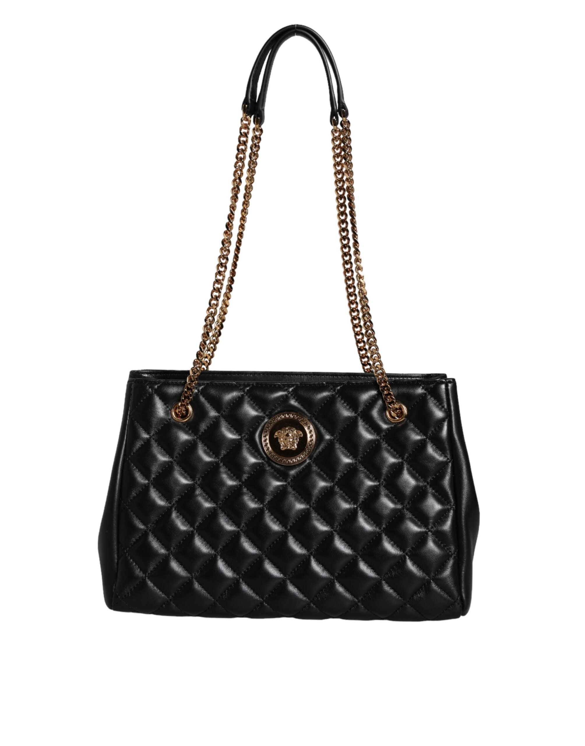 Black Quilted Nappa Leather Shoulder Chain Strap BagVERSACE Absolutely stunning, 100% Authentic, brand new with tags VERSACE bags. Brand logo, solid color, chain strap, snap button fastening. Model: Shoulder bag Material: 100% CO, 60% VI 40% Lamb Colour: