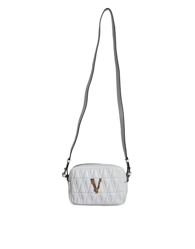 White Quilted Nappa Leather Crossbody Shoulder BagVERSACE Absolutely stunning, 100% Authentic, VERSACE bags. Brand logo, solid color, crossbody strap, zipper fastening. Model: Crossbody bag Material: 100% Nappa Leather Colour: White Black inner lining Zip