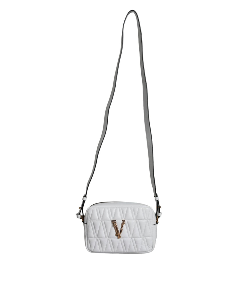 White Quilted Nappa Leather Crossbody Shoulder BagVERSACE Absolutely stunning, 100% Authentic, VERSACE bags. Brand logo, solid color, crossbody strap, zipper fastening. Model: Crossbody bag Material: 100% Nappa Leather Colour: White Black inner lining Zip