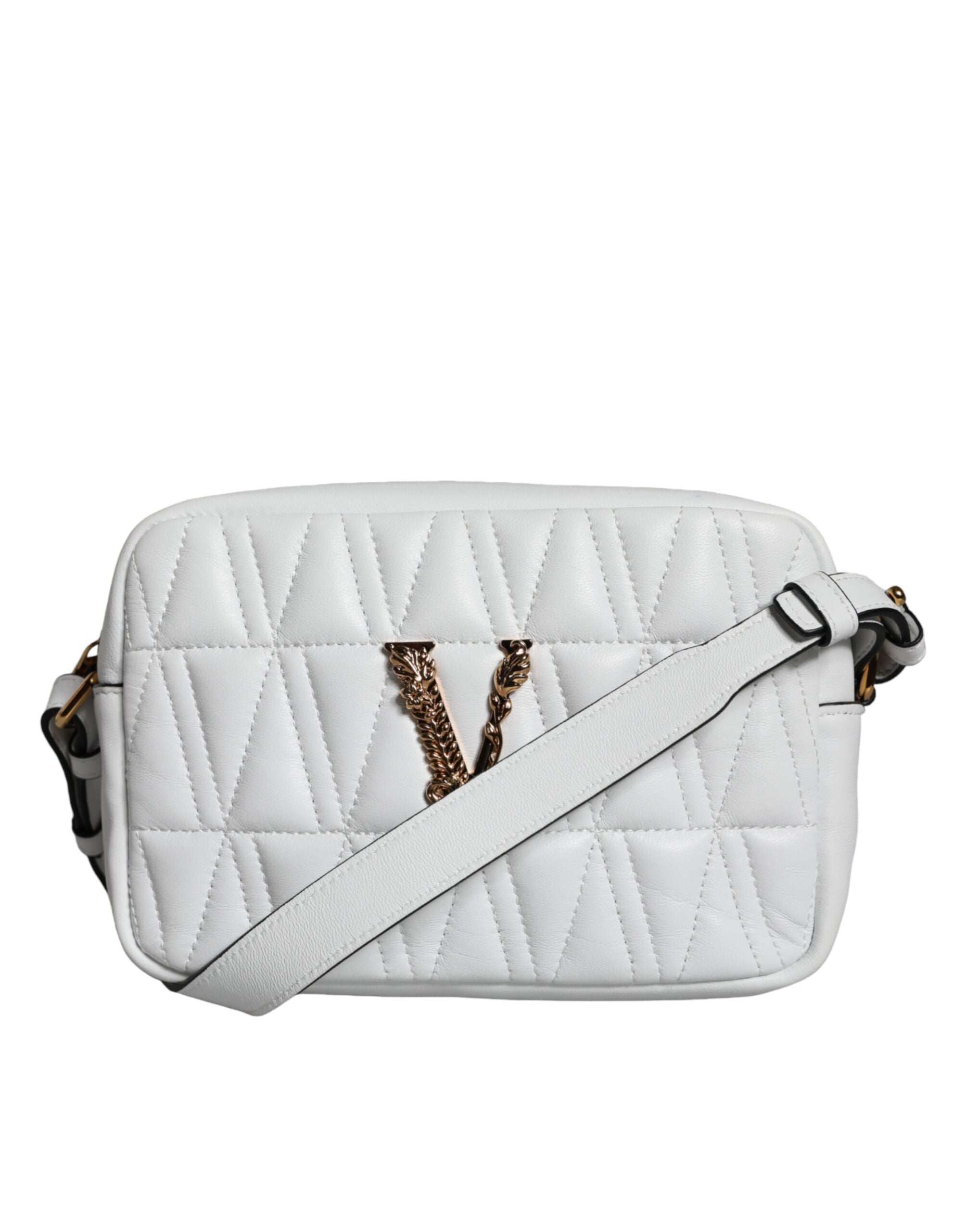 White Quilted Nappa Leather Crossbody Shoulder BagVERSACE Absolutely stunning, 100% Authentic, VERSACE bags. Brand logo, solid color, crossbody strap, zipper fastening. Model: Crossbody bag Material: 100% Nappa Leather Colour: White Black inner lining Zip