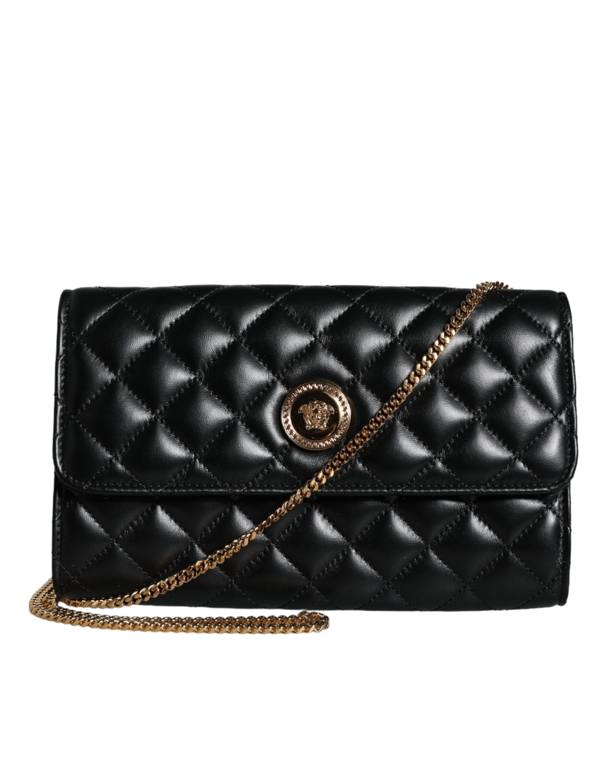 Black Quilted Nappa Leather Crossbody Shoulder BagVERSACE Absolutely stunning, 100% Authentic, brand new with tags VERSACE bags. Brand logo, solid color, crossbody strap. Model: Crossbody bag Material: AOS100%, CO60% VI40% Colour: Black Black inner lining