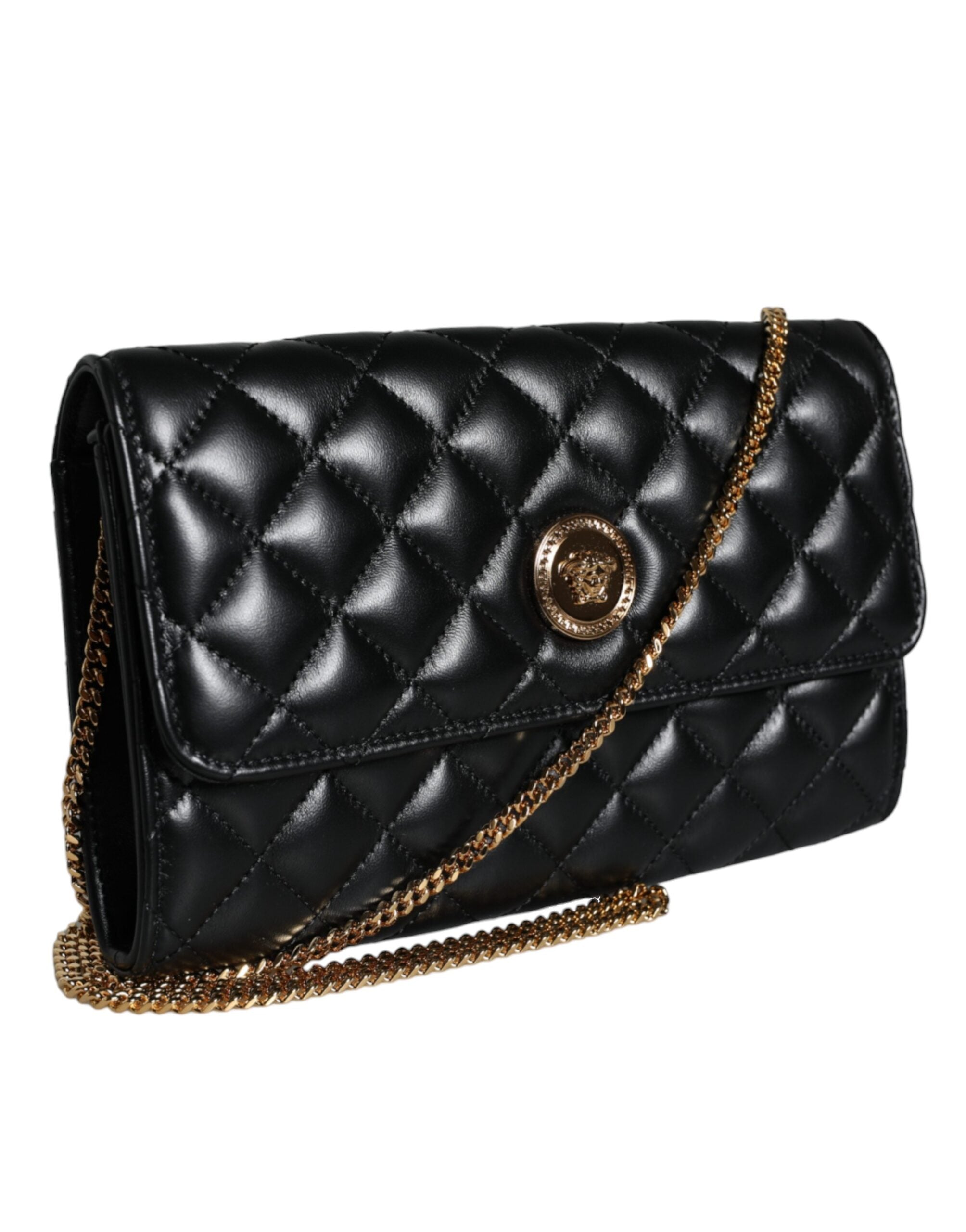 Black Quilted Nappa Leather Crossbody Shoulder BagVERSACE Absolutely stunning, 100% Authentic, brand new with tags VERSACE bags. Brand logo, solid color, crossbody strap. Model: Crossbody bag Material: AOS100%, CO60% VI40% Colour: Black Black inner lining