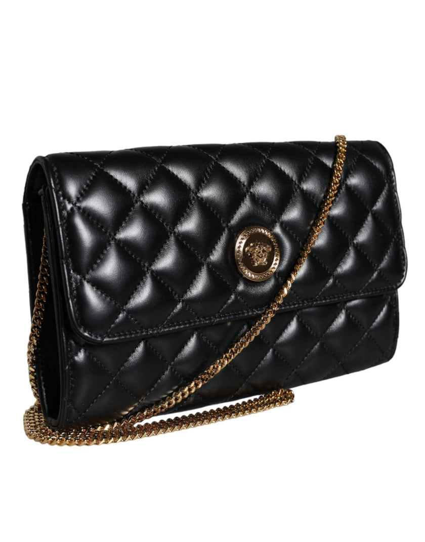 Black Quilted Nappa Leather Crossbody Shoulder BagVERSACE Absolutely stunning, 100% Authentic, brand new with tags VERSACE bags. Brand logo, solid color, crossbody strap. Model: Crossbody bag Material: AOS100%, CO60% VI40% Colour: Black Black inner lining