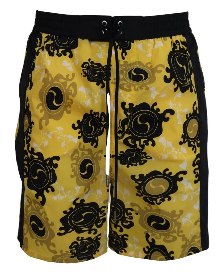 Yellow Black Synthetic Beachwear Shorts with Print