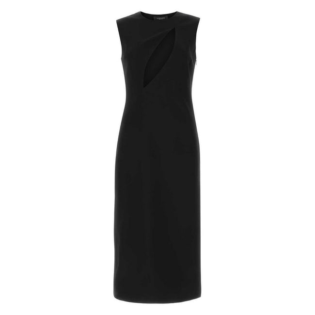 Black Viscose Women DressElevate your wardrobe with the daring elegance of Versace. This sleek black dress blends contemporary design with classic Italian craftsmanship. Featuring a modern aesthetic with strategic cuts on both sides, it’s accentuated with