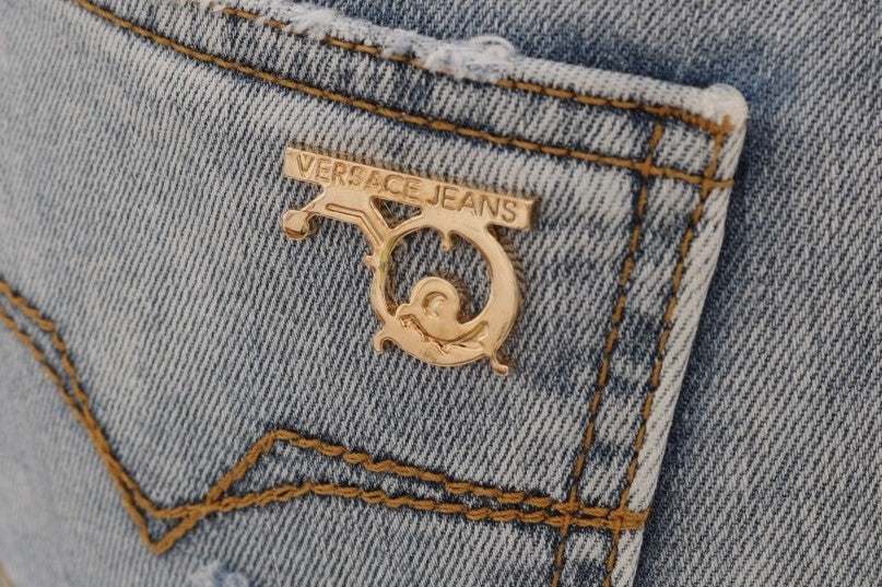 Light Blue Cotton Slim Fit Torn Jeans by Versace Jeans VJ