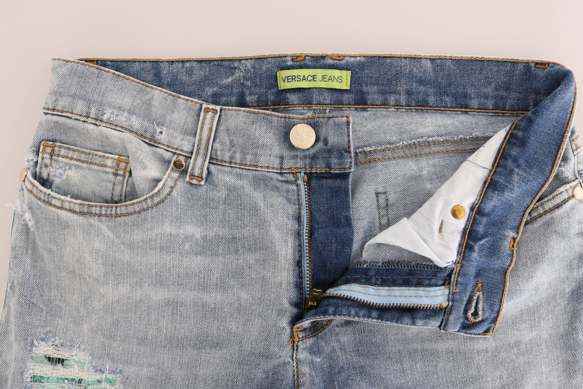 Light Blue Cotton Slim Fit Torn Jeans by Versace Jeans VJ