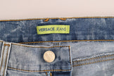 Blue Wash Torn Stretch Slim Fit JeansVERSACE JEANS VJ Absolutely stunning, 100% Authentic, brand new with tags Versace Jeans VJ blue wash and torn cotten stretch jeans. Color: Light blue wash and torn Model: Mid waist slim fit Logo on the back right pocke