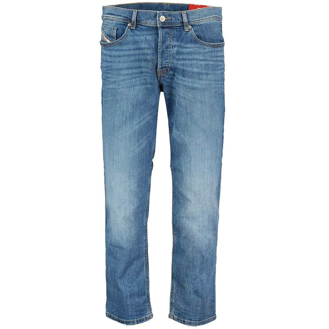 Blue Cotton Men JeansCrafted for the modern trendsetter, these Diesel jeans boast a confident slim-fit cut that contours your frame with a touch of urbane elegance. The expertly faded blue hue embodies a well-loved look from first wear, while the sturdy b